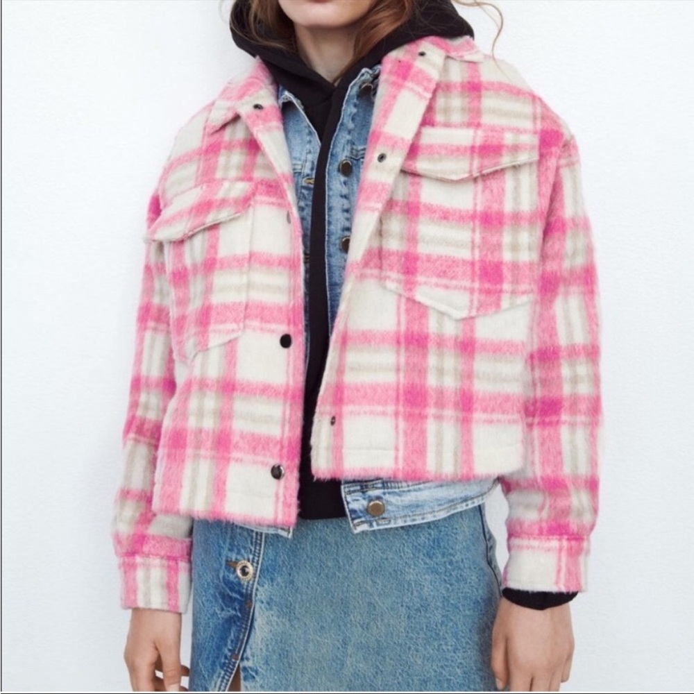 Zara Pink and White Plaid Jacket